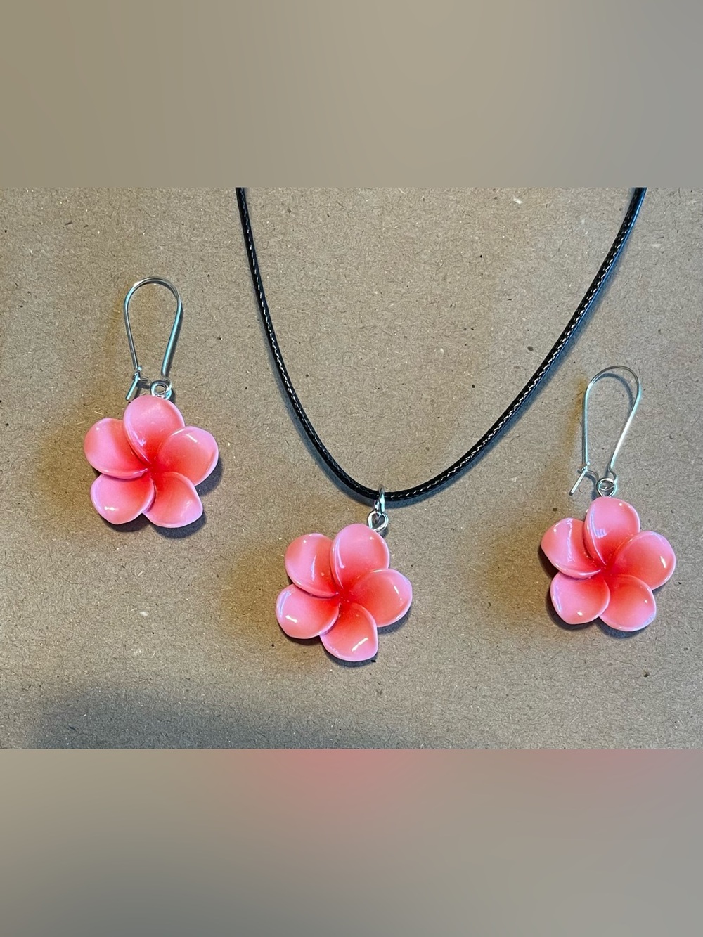 Pink Plumeria Flower Necklace and Earring Set